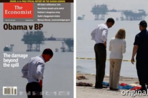 Son dos imágenes de Obama, la primera está manipulada porque recortan el contexto donde está hecha y la segunda lo demuestra, sacando más contexto