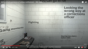 Captura de pantalla "6x9: a virtual experience of solitary confinement. Fuente: Youtube, @theGuardian